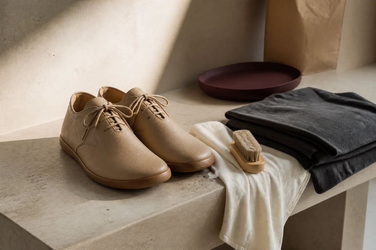 Neutrale Schuhe und Pflegeutensilien als redaktionelles Stillleben