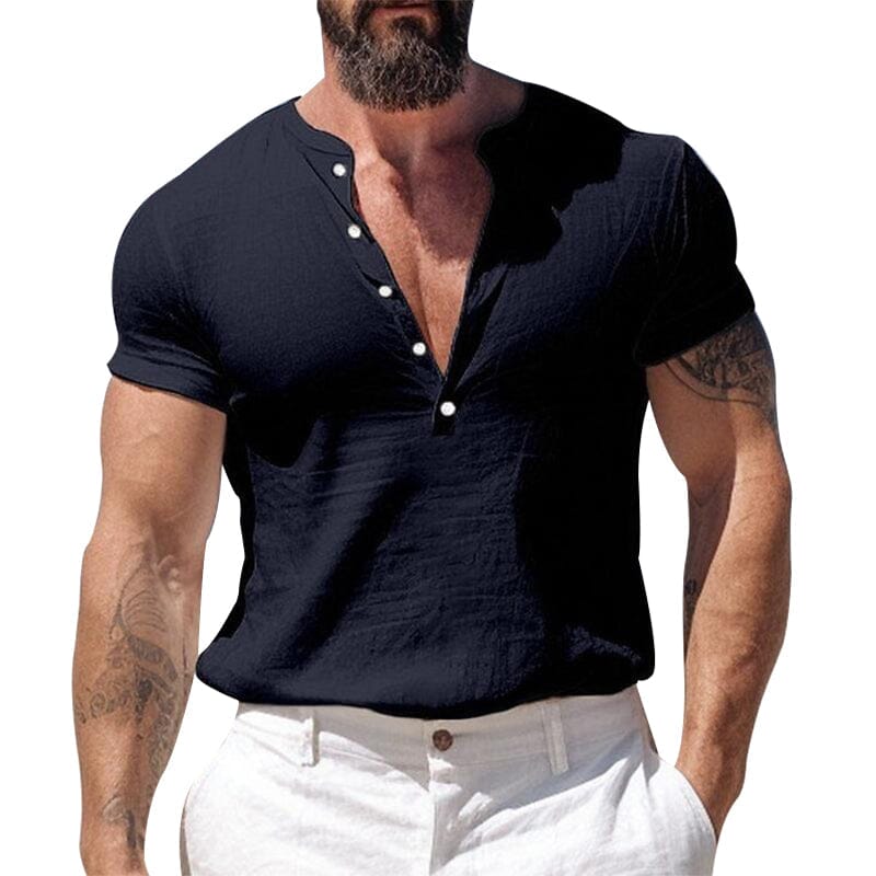 Herren Hemd ohne Kragen | Slim Fit Henley Shirt | Atmungsaktives Kurzarmhemd Weiß [ Herrenkollektion - Frühling & Sommer '25 - Hemden ] 4 - Herren Hemd ohne Kragen Gratti Paris 