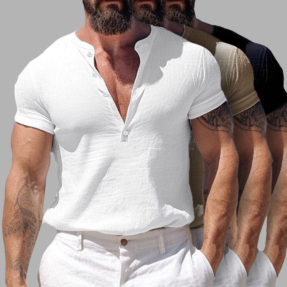 Herren Hemd ohne Kragen | Slim Fit Henley Shirt | Atmungsaktives Kurzarmhemd Weiß [ Herrenkollektion - Frühling & Sommer '25 - Hemden ] 4 - Herren Hemd ohne Kragen Gratti Paris 