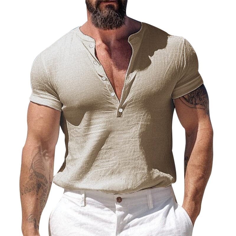 Herren Hemd ohne Kragen | Slim Fit Henley Shirt | Atmungsaktives Kurzarmhemd Weiß [ Herrenkollektion - Frühling & Sommer '25 - Hemden ] 4 - Herren Hemd ohne Kragen Gratti Paris 