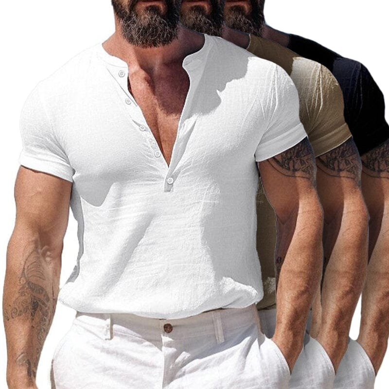 Herren Hemd ohne Kragen | Slim Fit Henley Shirt | Atmungsaktives Kurzarmhemd Weiß [ Herrenkollektion - Frühling & Sommer '25 - Hemden ] 4 - Herren Hemd ohne Kragen Gratti Paris 