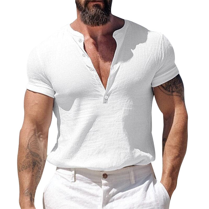 Herren Hemd ohne Kragen | Slim Fit Henley Shirt | Atmungsaktives Kurzarmhemd Weiß [ Herrenkollektion - Frühling & Sommer '25 - Hemden ] 4 - Herren Hemd ohne Kragen Gratti Paris 