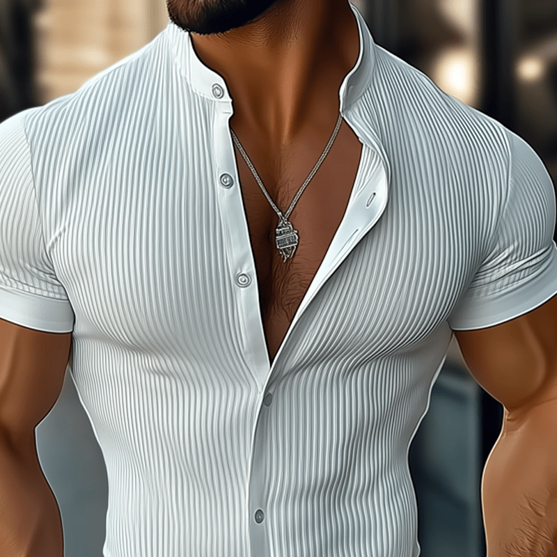 Herren Hemd Stehkragen Kurzarm Slim Fit | Geripptes Freizeithemd weiß [ Herrenkollektion - Frühling & Sommer '25 - Hemden ] 117 - Herren Hemd Stehkragen Kurzarm Slim Fit Gratti Paris 