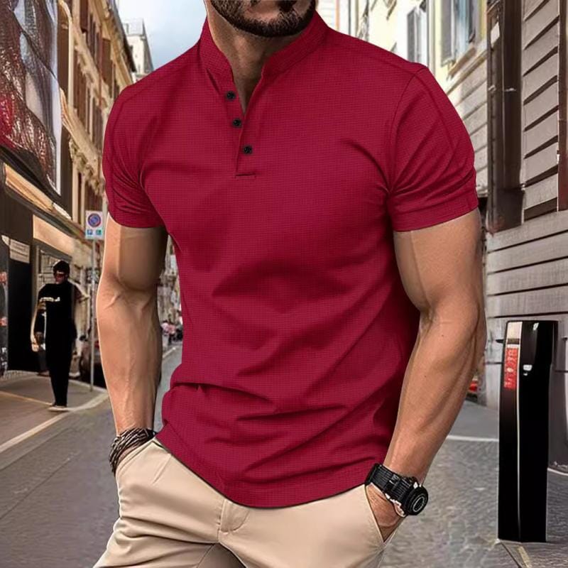 Herren Hemd Stehkragen Kurzarm | Waffelstruktur Slim Fit T-Shirt weiß [ Herrenkollektion - Frühling & Sommer '25 - Hemden ] 100 - Herren Hemd Stehkragen Kurzarm Gratti Paris Rot XS 