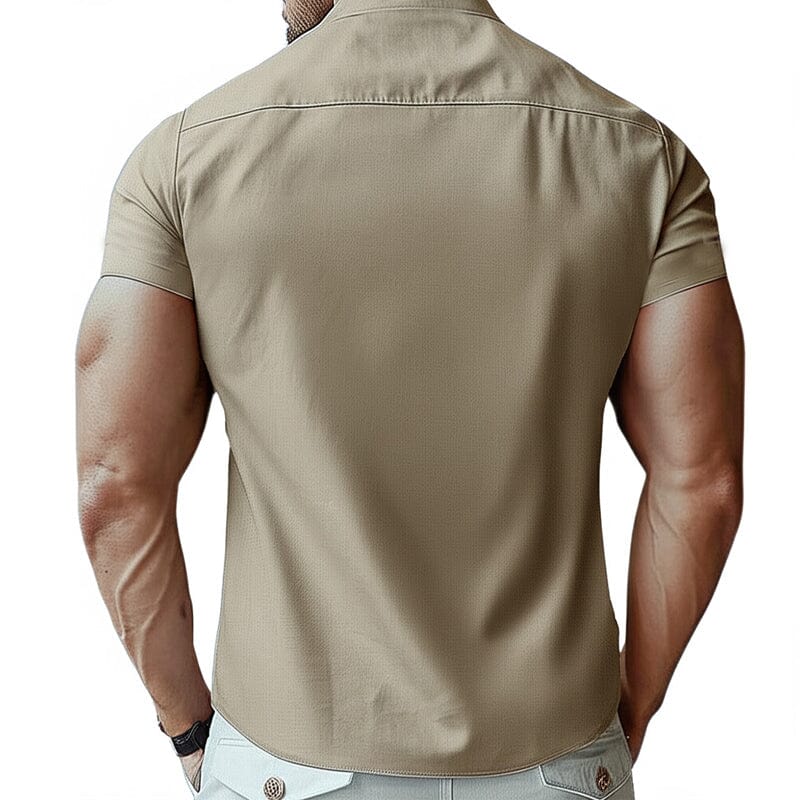 Herren Hemd Stehkragen Slim Fit | Lässiges Sommerhemd kurzarm beige [ Herrenkollektion - Frühling & Sommer '25 - Hemden ] 119 - Herren Hemd Stehkragen Slim Fit Gratti Paris 