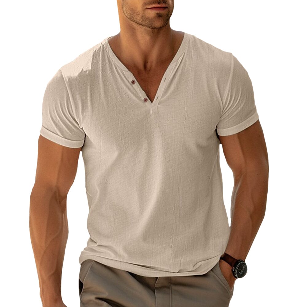 Herren Henley Shirt Kurzarm | Lässiges V-Ausschnitt Freizeitshirt weiß [ Herrenkollektion - Frühling & Sommer '25 - Hemden ] 41 - Herren Henley Shirt Kurzarm Gratti Paris Beige S 