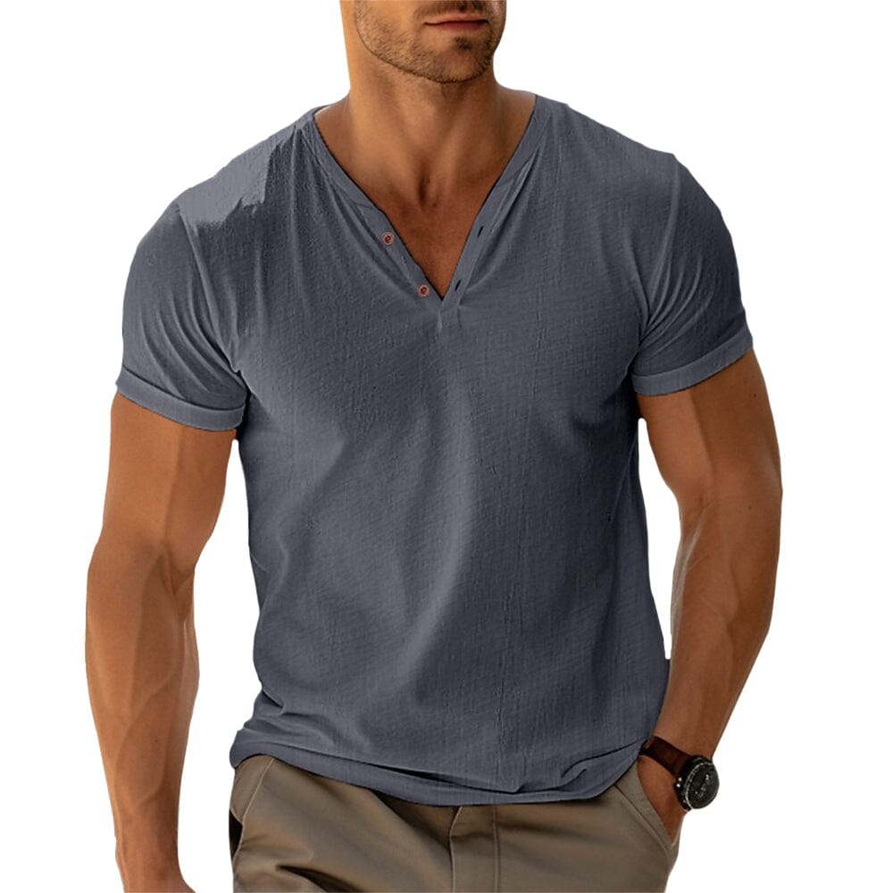 Herren Henley Shirt Kurzarm | Lässiges V-Ausschnitt Freizeitshirt weiß [ Herrenkollektion - Frühling & Sommer '25 - Hemden ] 41 - Herren Henley Shirt Kurzarm Gratti Paris Grau S 