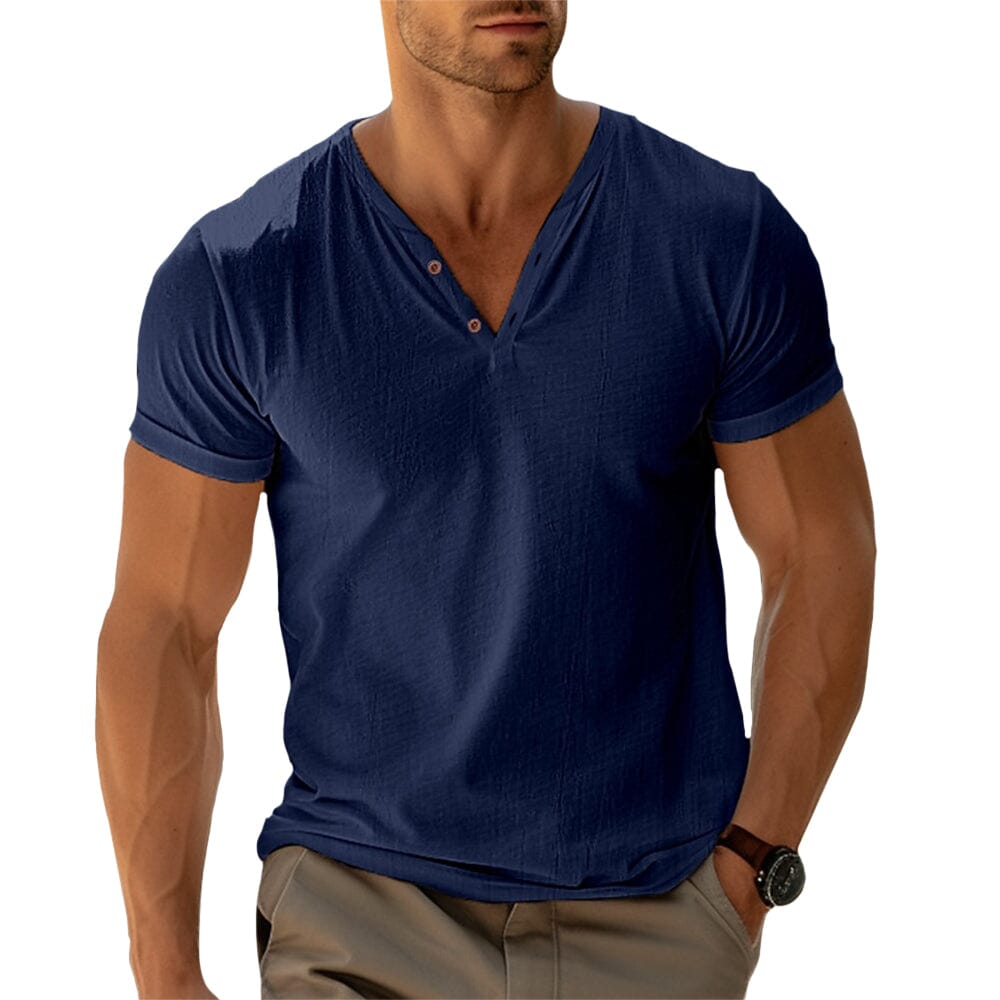 Herren Henley Shirt Kurzarm | Lässiges V-Ausschnitt Freizeitshirt weiß [ Herrenkollektion - Frühling & Sommer '25 - Hemden ] 41 - Herren Henley Shirt Kurzarm Gratti Paris Marineblau S 