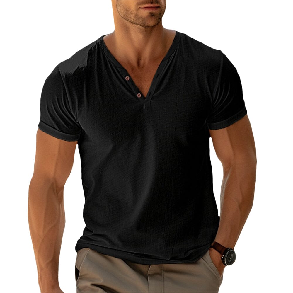 Herren Henley Shirt Kurzarm | Lässiges V-Ausschnitt Freizeitshirt weiß [ Herrenkollektion - Frühling & Sommer '25 - Hemden ] 41 - Herren Henley Shirt Kurzarm Gratti Paris Schwarz S 