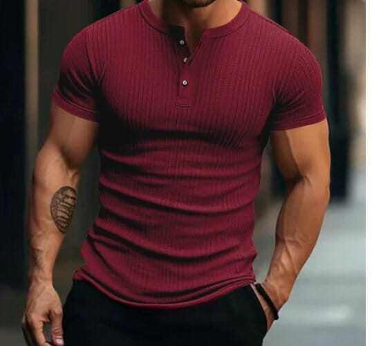 Herren Henley Shirt Kurzarm Slim Fit | Geripptes Muskelshirt mit Stretch grau [ Herrenkollektion - Frühling & Sommer '25 - Hemden ] 99 - Herren Henley Shirt Kurzarm Slim Fit Gratti Paris Burgunderrot XS 