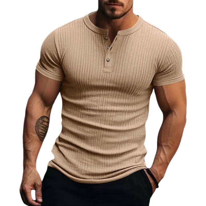 Herren Henley Shirt Kurzarm Slim Fit | Geripptes Muskelshirt mit Stretch grau [ Herrenkollektion - Frühling & Sommer '25 - Hemden ] 99 - Herren Henley Shirt Kurzarm Slim Fit Gratti Paris 