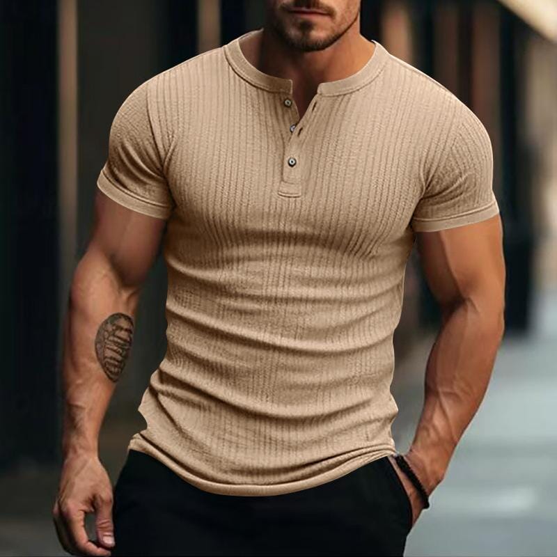 Herren Henley Shirt Kurzarm Slim Fit | Geripptes Muskelshirt mit Stretch grau [ Herrenkollektion - Frühling & Sommer '25 - Hemden ] 99 - Herren Henley Shirt Kurzarm Slim Fit Gratti Paris Khaki XS 