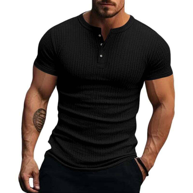 Herren Henley Shirt Kurzarm Slim Fit | Geripptes Muskelshirt mit Stretch grau [ Herrenkollektion - Frühling & Sommer '25 - Hemden ] 99 - Herren Henley Shirt Kurzarm Slim Fit Gratti Paris 