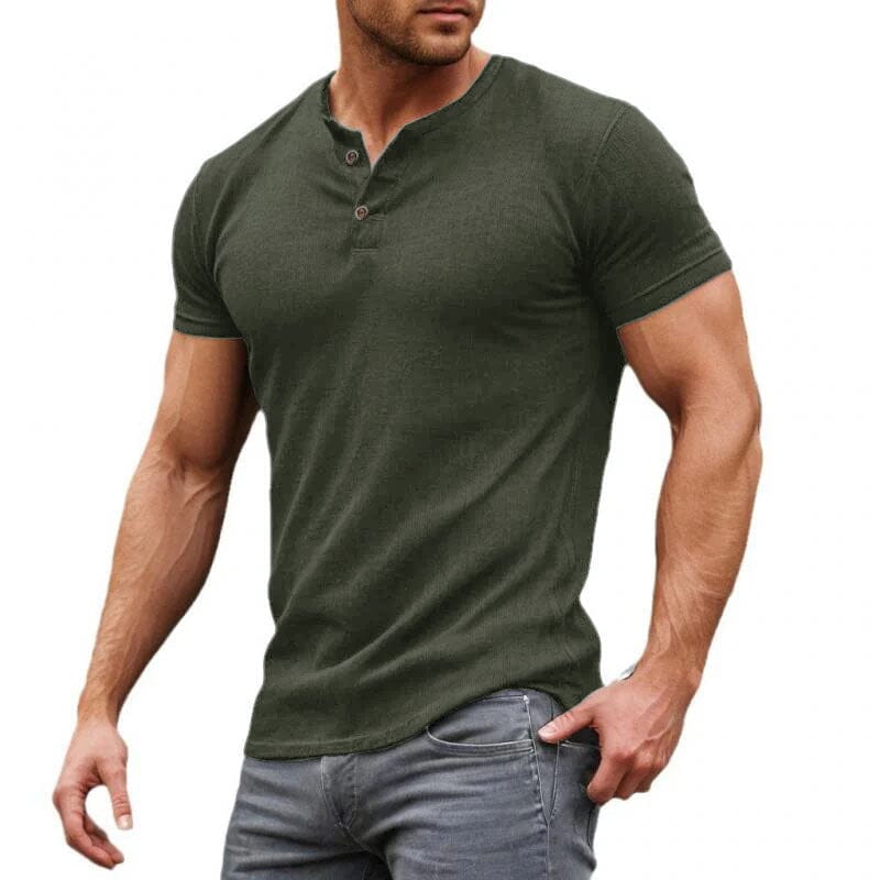 Herren Henley Shirt Kurzarm Slim Fit | Muskelshirt mit Knopfleiste schwarz [ Herrenkollektion - Frühling & Sommer '25 - Hemden ] 72 - Herren Henley Shirt Kurzarm Slim Fit Gratti Paris Armeegrün S 