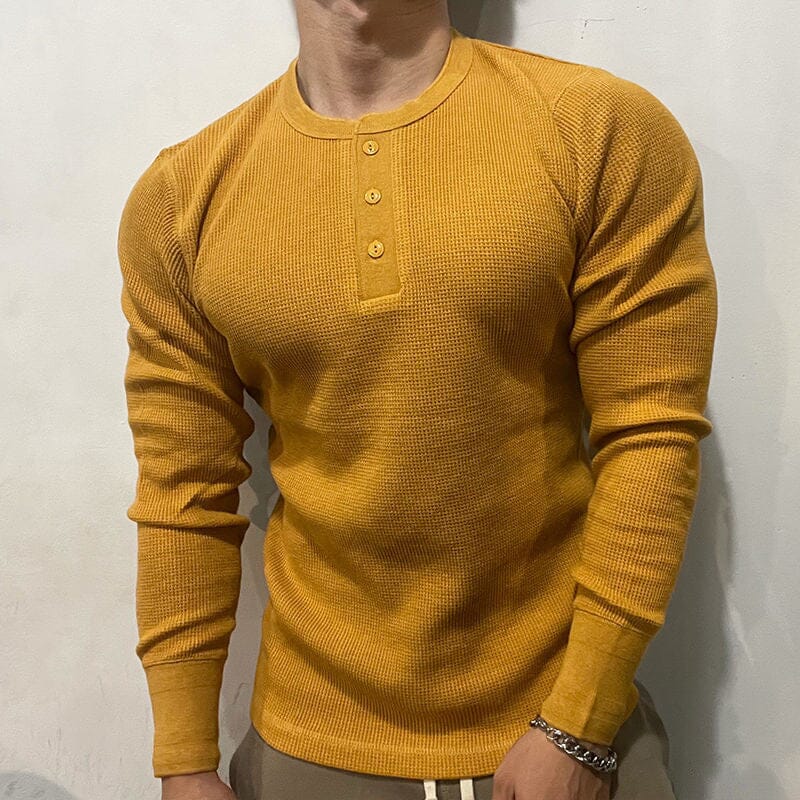Herren Henley Shirt Langarm | Muskelshirt Slim Fit Waffelstruktur [ Herrenkollektion - Hemden - Langarmhemden ] 51 - Herren Henley Shirt Langarm Gratti Paris Gelb XS 