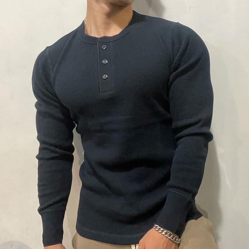 Herren Henley Shirt Langarm | Muskelshirt Slim Fit Waffelstruktur [ Herrenkollektion - Hemden - Langarmhemden ] 51 - Herren Henley Shirt Langarm Gratti Paris Marineblau XS 