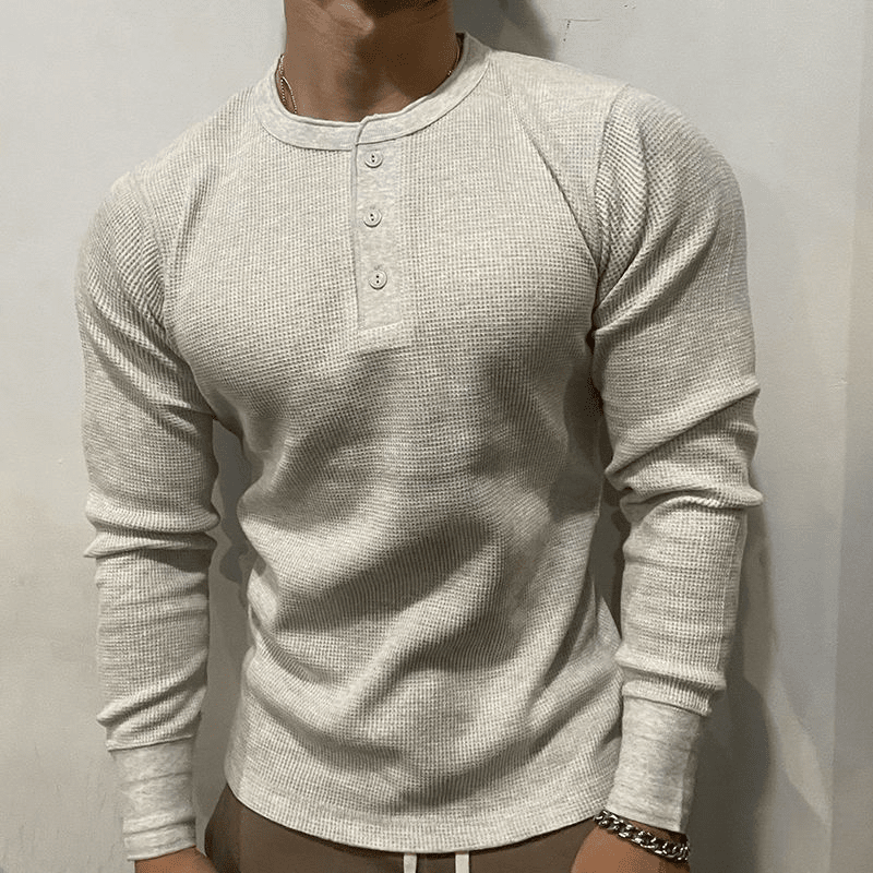 Herren Henley Shirt Langarm | Muskelshirt Slim Fit Waffelstruktur [ Herrenkollektion - Hemden - Langarmhemden ] 51 - Herren Henley Shirt Langarm Gratti Paris Weiß XS 