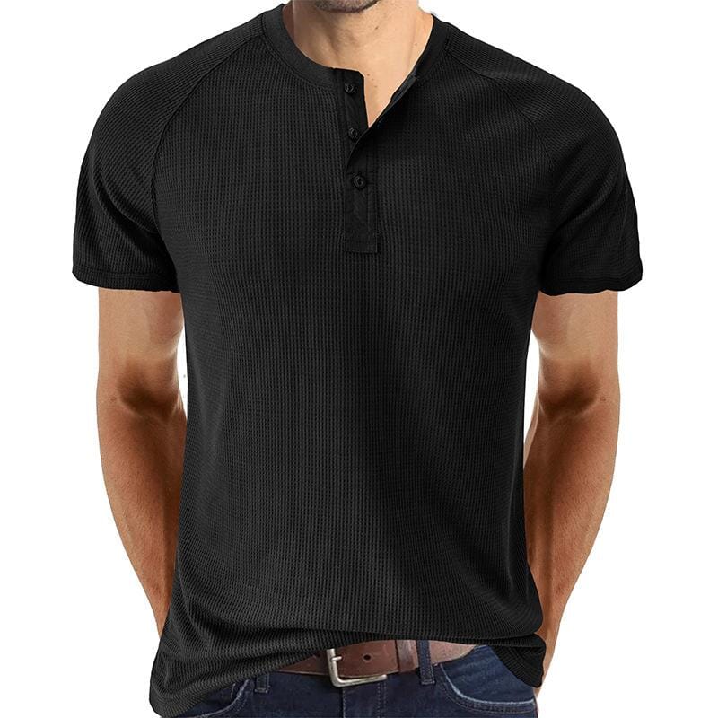 Herren Henley Shirt mit Waffelstruktur | Muskelshirt Raglan Kurzarm [ Herrenkollektion - Frühling & Sommer '25 - Hemden ] 73 - Herren Henley Shirt mit Waffelstruktur Gratti Paris Schwarz S 