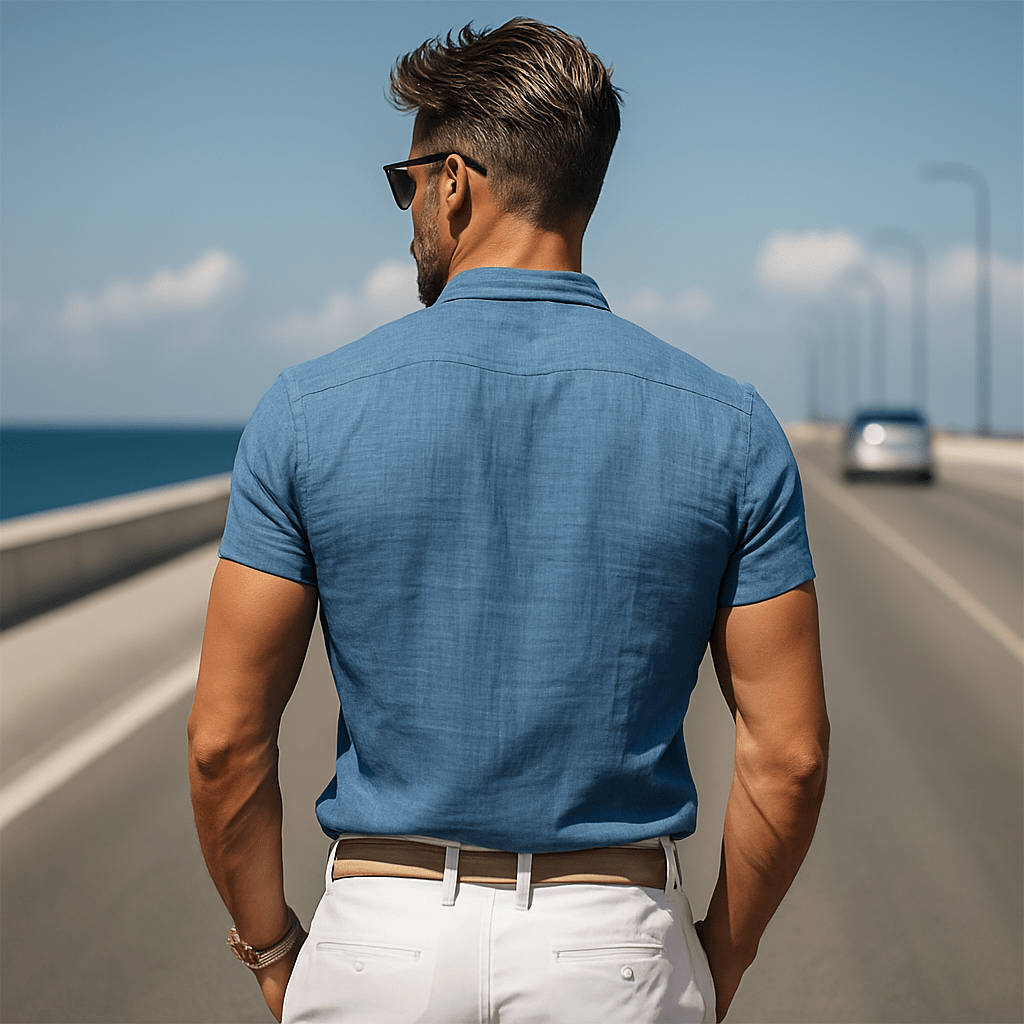 Herren Kurzarmhemd Stehkragen | Lässiges Sommerhemd Baumwolle blau [ Herrenkollektion - Frühling & Sommer '25 - Hemden ] 138 - Herren Kurzarmhemd Stehkragen Gratti Paris 