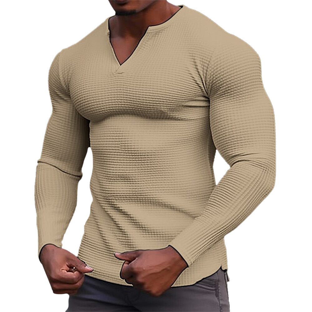 Herren Langarmshirt mit V-Ausschnitt | Muskelshirt Slim Fit mit Rippenstruktur [ Herrenkollektion - Hemden - Langarmhemden ] 20 - Herren Langarmshirt mit V-Ausschnitt Gratti Paris Khaki S 
