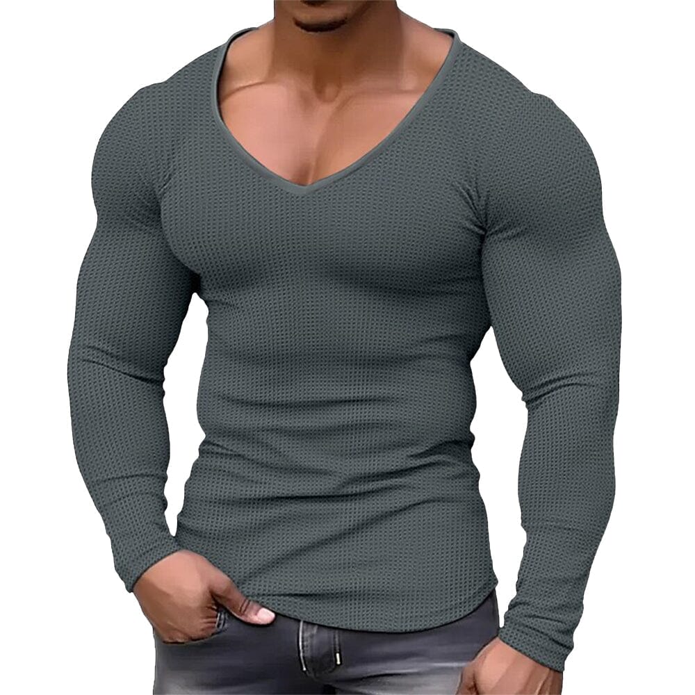 Herren Langarmshirt V-Ausschnitt Slim Fit | Muskelshirt mit Waffelstruktur [ Herrenkollektion - Hemden - Langarmhemden ] 7 - Herren Langarmshirt V-Ausschnitt Slim Fit Gratti Paris Grau S 