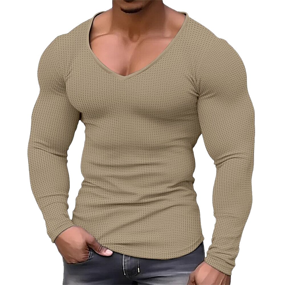 Herren Langarmshirt V-Ausschnitt Slim Fit | Muskelshirt mit Waffelstruktur [ Herrenkollektion - Hemden - Langarmhemden ] 7 - Herren Langarmshirt V-Ausschnitt Slim Fit Gratti Paris Khaki S 