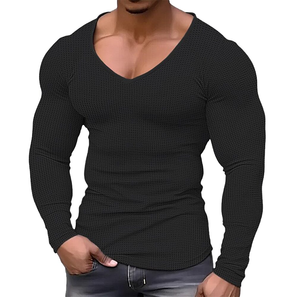 Herren Langarmshirt V-Ausschnitt Slim Fit | Muskelshirt mit Waffelstruktur [ Herrenkollektion - Hemden - Langarmhemden ] 7 - Herren Langarmshirt V-Ausschnitt Slim Fit Gratti Paris Schwarz S 