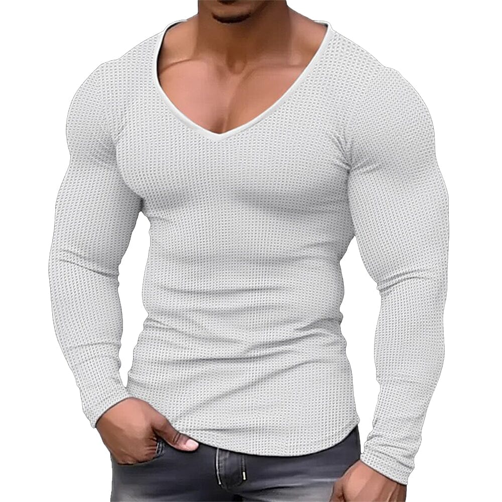 Herren Langarmshirt V-Ausschnitt Slim Fit | Muskelshirt mit Waffelstruktur [ Herrenkollektion - Hemden - Langarmhemden ] 7 - Herren Langarmshirt V-Ausschnitt Slim Fit Gratti Paris Weiß S 