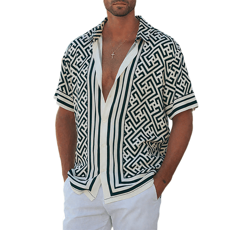 Herren Musterhemd kurzarm Tencel | Lässiges Hawaiihemd mit Geometrischem Druck [ Herrenkollektion - Frühling & Sommer '25 - Hemden ] 139 - Herren Musterhemd kurzarm Tencel Gratti Paris Schwarz S 
