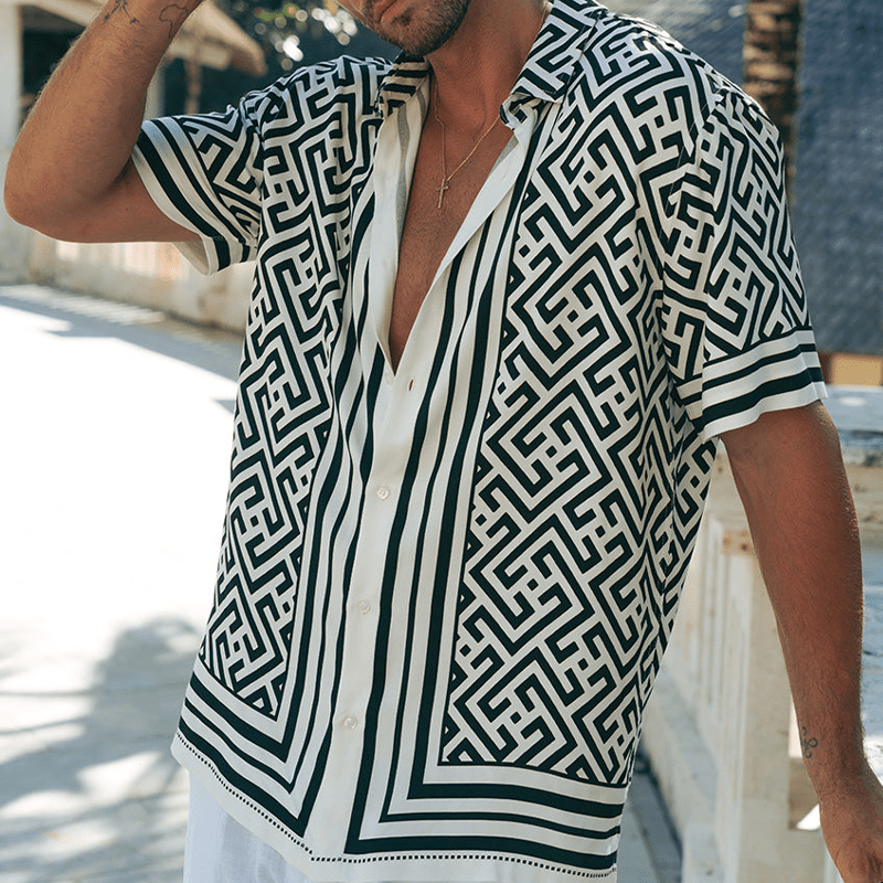 Herren Musterhemd kurzarm Tencel | Lässiges Hawaiihemd mit Geometrischem Druck [ Herrenkollektion - Frühling & Sommer '25 - Hemden ] 139 - Herren Musterhemd kurzarm Tencel Gratti Paris 