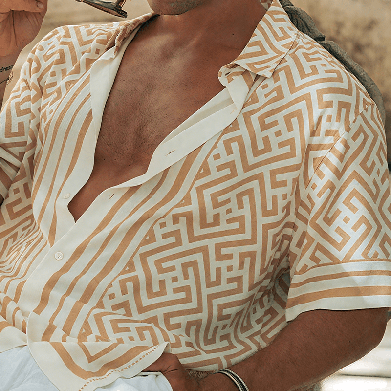 Herren Musterhemd kurzarm Tencel | Lässiges Hawaiihemd mit Geometrischem Druck [ Herrenkollektion - Frühling & Sommer '25 - Hemden ] 139 - Herren Musterhemd kurzarm Tencel Gratti Paris 