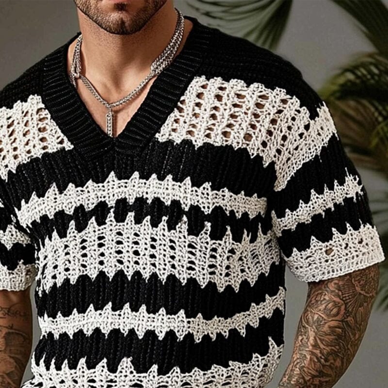 Herren Strickshirt V-Ausschnitt | Kurzarm Pullover Schwarz-Weiß [ Herrenkollektion - Frühling & Sommer '25 - Hemden ] 121 - Herren Strickshirt V-Ausschnitt Gratti Paris 