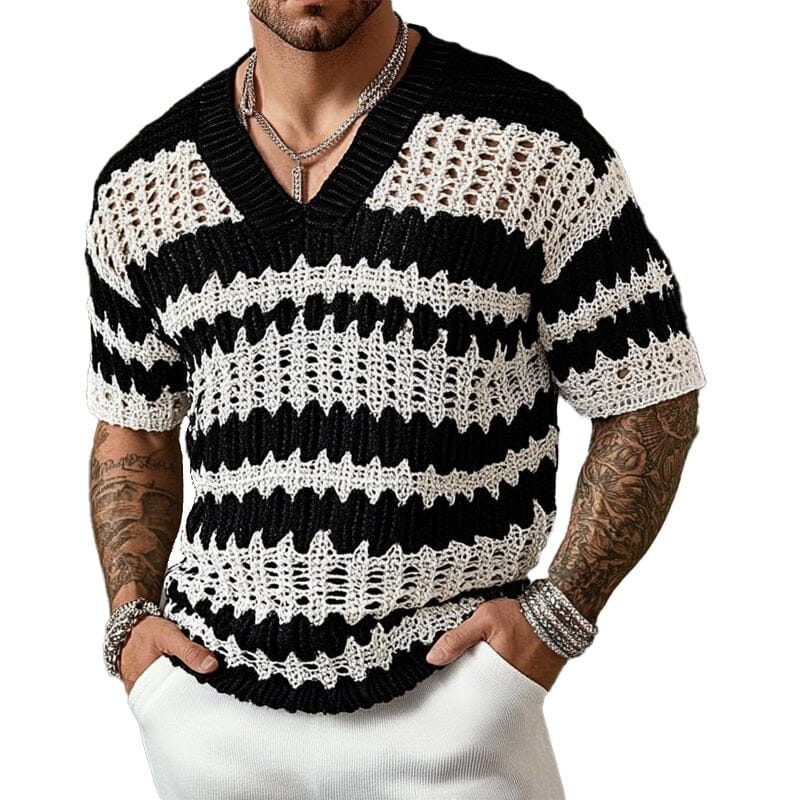 Herren Strickshirt V-Ausschnitt | Kurzarm Pullover Schwarz-Weiß [ Herrenkollektion - Frühling & Sommer '25 - Hemden ] 121 - Herren Strickshirt V-Ausschnitt Gratti Paris 
