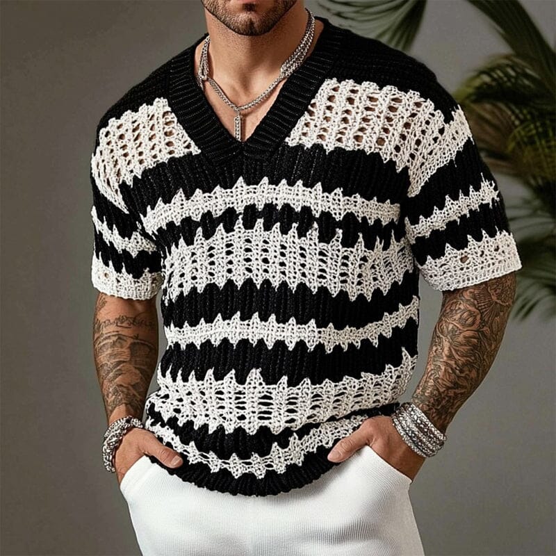 Herren Strickshirt V-Ausschnitt | Kurzarm Pullover Schwarz-Weiß [ Herrenkollektion - Frühling & Sommer '25 - Hemden ] 121 - Herren Strickshirt V-Ausschnitt Gratti Paris Schwarz S 