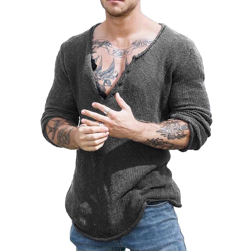 Herren Strickshirt V-Ausschnitt Slim Fit | Lässiger Strickpullover mit Knopfleiste [ Herrenkollektion - Hemden - Langarmhemden ] 63 - Herren Strickshirt V-Ausschnitt Slim Fit Gratti Paris Grau M 