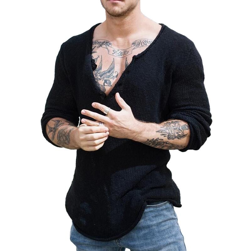 Herren Strickshirt V-Ausschnitt Slim Fit | Lässiger Strickpullover mit Knopfleiste [ Herrenkollektion - Hemden - Langarmhemden ] 63 - Herren Strickshirt V-Ausschnitt Slim Fit Gratti Paris Schwarz M 