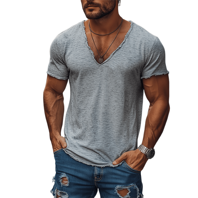 Herren T-Shirt mit tiefem V-Ausschnitt | Lässiges Shirt Used-Look grau [ Herrenkollektion - Frühling & Sommer '25 - Hemden ] 140 - Herren T-Shirt mit tiefem V-Ausschnitt Gratti Paris Grau S 