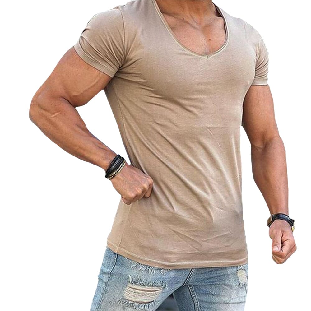 Herren T-Shirt mit tiefem V-Ausschnitt | Slim Fit Muskelshirt weiß [ Herrenkollektion - Frühling & Sommer '25 - Hemden ] 31 - Herren T-Shirt mit tiefem V-Ausschnitt Gratti Paris Beige S 