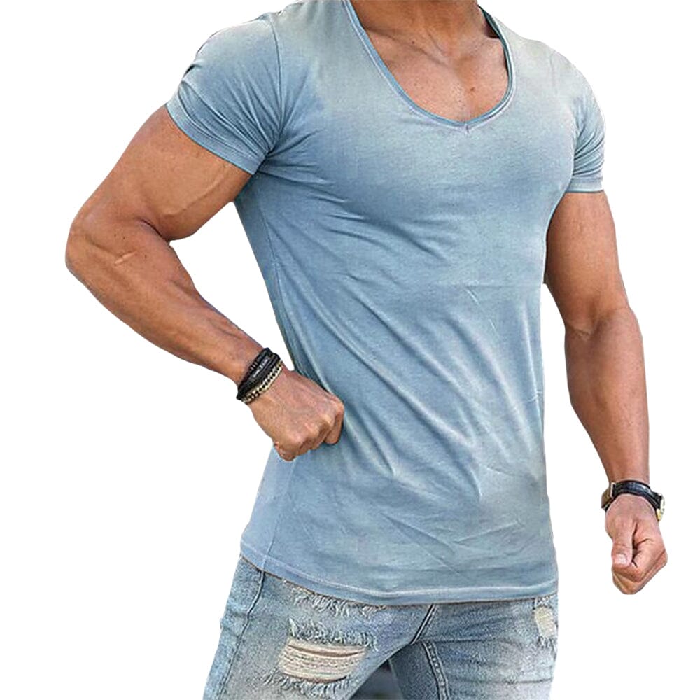 Herren T-Shirt mit tiefem V-Ausschnitt | Slim Fit Muskelshirt weiß [ Herrenkollektion - Frühling & Sommer '25 - Hemden ] 31 - Herren T-Shirt mit tiefem V-Ausschnitt Gratti Paris Blau S 
