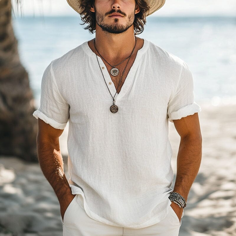 Herren T-Shirt V-Ausschnitt Kurzarm | Lässiges Henley Shirt Leinenoptik weiß [ Herrenkollektion - Frühling & Sommer '25 - Hemden ] 126 - Herren T-Shirt V-Ausschnitt Kurzarm Gratti Paris Weiß S 