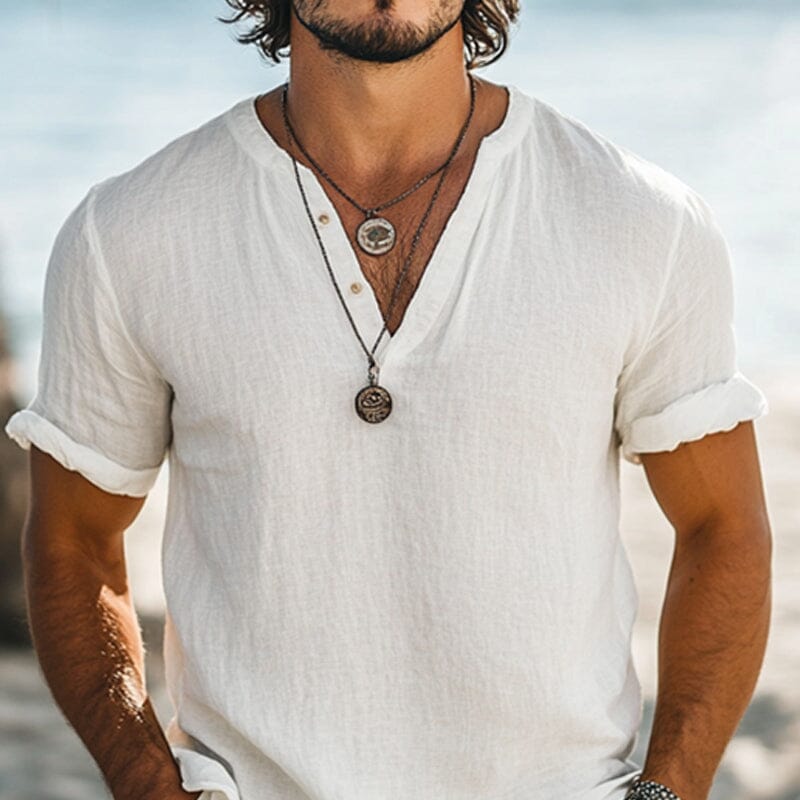 Herren T-Shirt V-Ausschnitt Kurzarm | Lässiges Henley Shirt Leinenoptik weiß [ Herrenkollektion - Frühling & Sommer '25 - Hemden ] 126 - Herren T-Shirt V-Ausschnitt Kurzarm Gratti Paris 