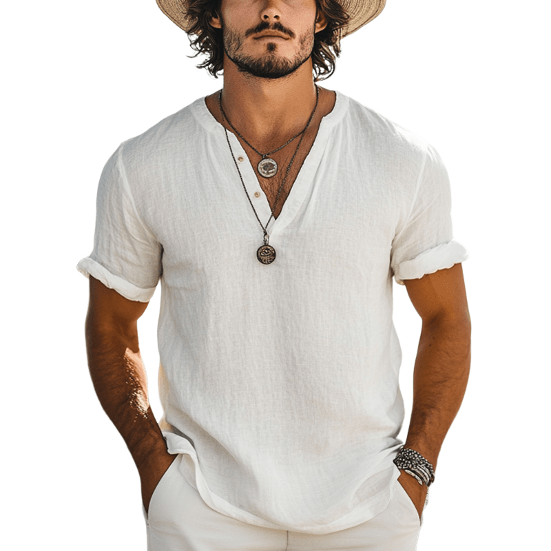 Herren T-Shirt V-Ausschnitt Kurzarm | Lässiges Henley Shirt Leinenoptik weiß [ Herrenkollektion - Frühling & Sommer '25 - Hemden ] 126 - Herren T-Shirt V-Ausschnitt Kurzarm Gratti Paris 
