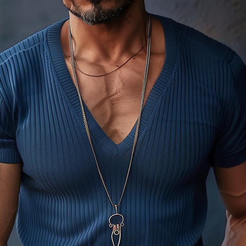 Herren T-Shirt V-Ausschnitt Slim Fit | Geripptes Muskelshirt kurzarm blau [ Herrenkollektion - Frühling & Sommer '25 - Hemden ] 84 - Herren T-Shirt V-Ausschnitt Slim Fit Gratti Paris 