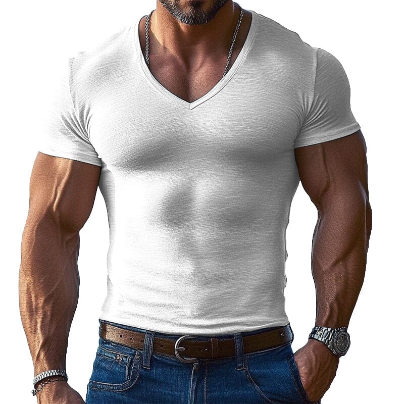 Herren T-Shirt V-Ausschnitt Slim Fit | Muskelshirt kurzarm melange hellblau [ Herrenkollektion - Frühling & Sommer '25 - Hemden ] 131 - Herren T-Shirt V-Ausschnitt Slim Fit Gratti Paris 