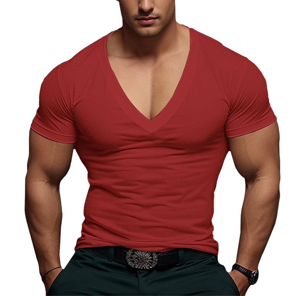 Herren T-Shirt V-Ausschnitt Slim Fit | Muskelshirt mit feiner Struktur weiß [ Herrenkollektion - Frühling & Sommer '25 - Hemden ] 38 - Herren T-Shirt V-Ausschnitt Slim Fit Gratti Paris Rot S 