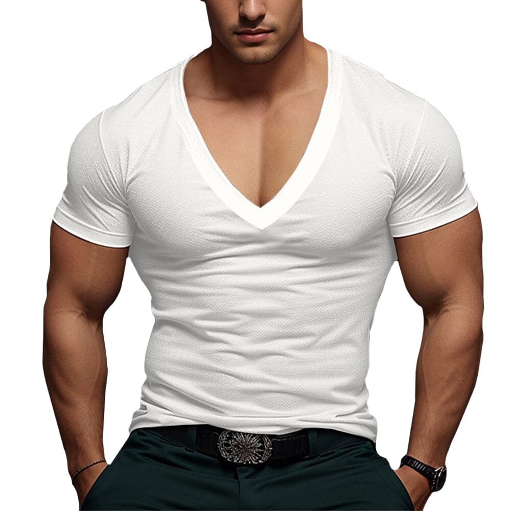 Herren T-Shirt V-Ausschnitt Slim Fit | Muskelshirt mit feiner Struktur weiß [ Herrenkollektion - Frühling & Sommer '25 - Hemden ] 38 - Herren T-Shirt V-Ausschnitt Slim Fit Gratti Paris Weiß S 