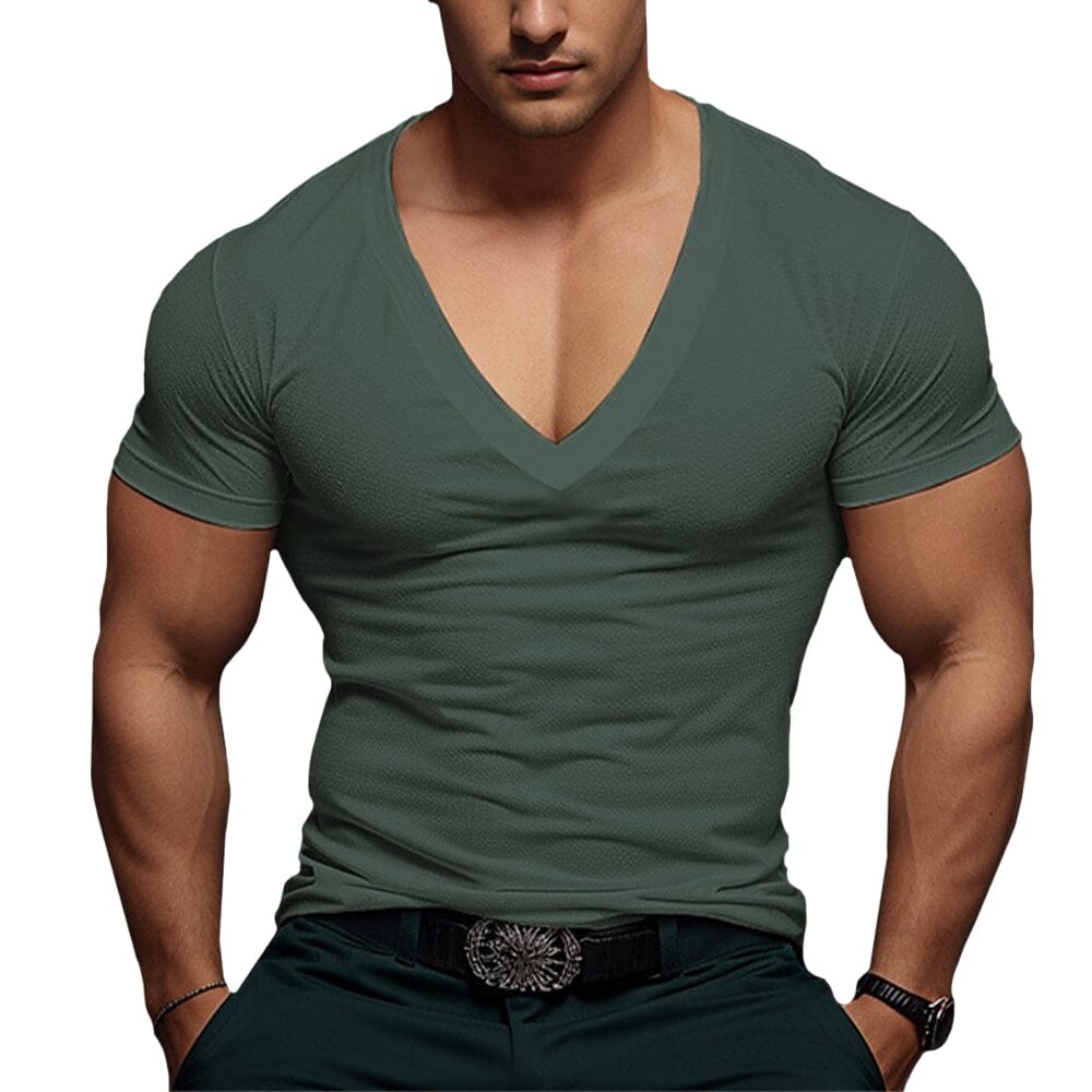 Herren T-Shirt V-Ausschnitt Slim Fit | Muskelshirt mit feiner Struktur weiß [ Herrenkollektion - Frühling & Sommer '25 - Hemden ] 38 - Herren T-Shirt V-Ausschnitt Slim Fit Gratti Paris Grün S 