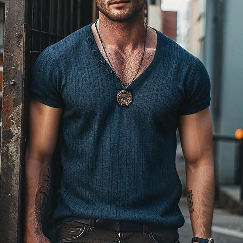 Herren T-Shirt V-Ausschnitt Slim Fit | Muskelshirt mit Rippenstruktur anthrazit [ Herrenkollektion - Frühling & Sommer '25 - Hemden ] 81 -Herren T-Shirt V-Ausschnitt Slim Fit Gratti Paris Marineblau S 