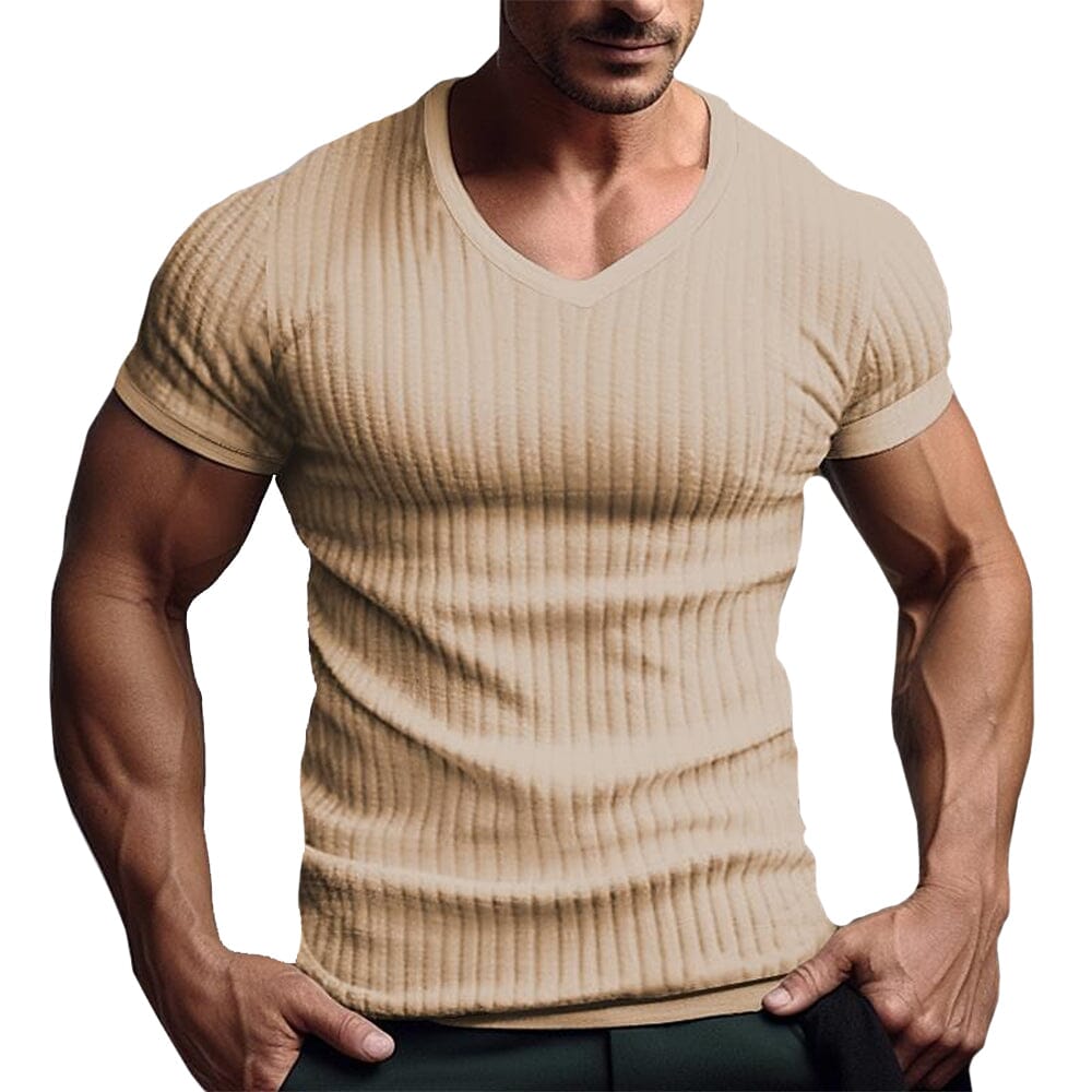 Herren T-Shirt V-Ausschnitt Slim Fit | Muskelshirt mit Rippenstruktur weiß [ Herrenkollektion - Frühling & Sommer '25 - Hemden ] 35 - Herren T-Shirt V-Ausschnitt Slim Fit Gratti Paris Khaki S 