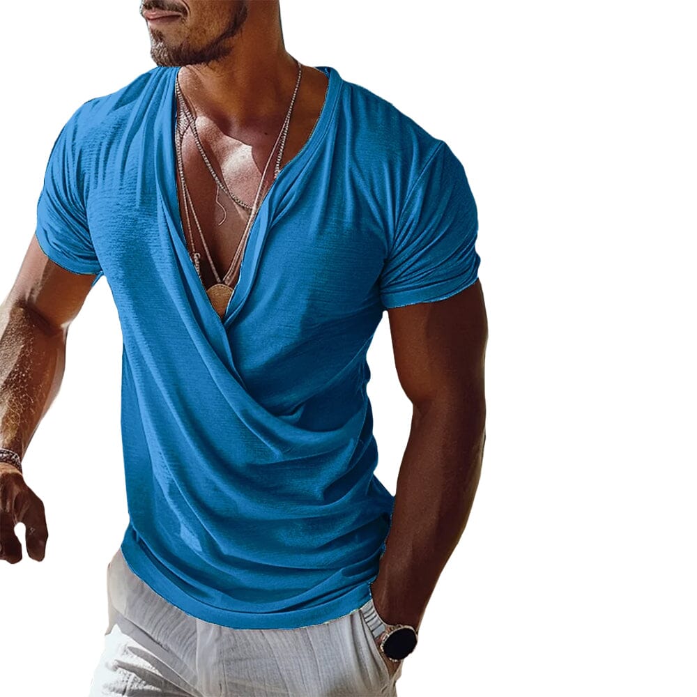 Herren T-Shirt Wickel-Design | Drapierter V-Ausschnitt Slim Fit [ Herrenkollektion - Frühling & Sommer '25 - Hemden ] 5 - Herren T-Shirt Wickel-Design Gratti Paris Blau S 
